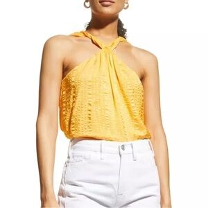 Frame Draped Crinkle Silk Halter Neck Top in Kumquat Yellow Sz XS